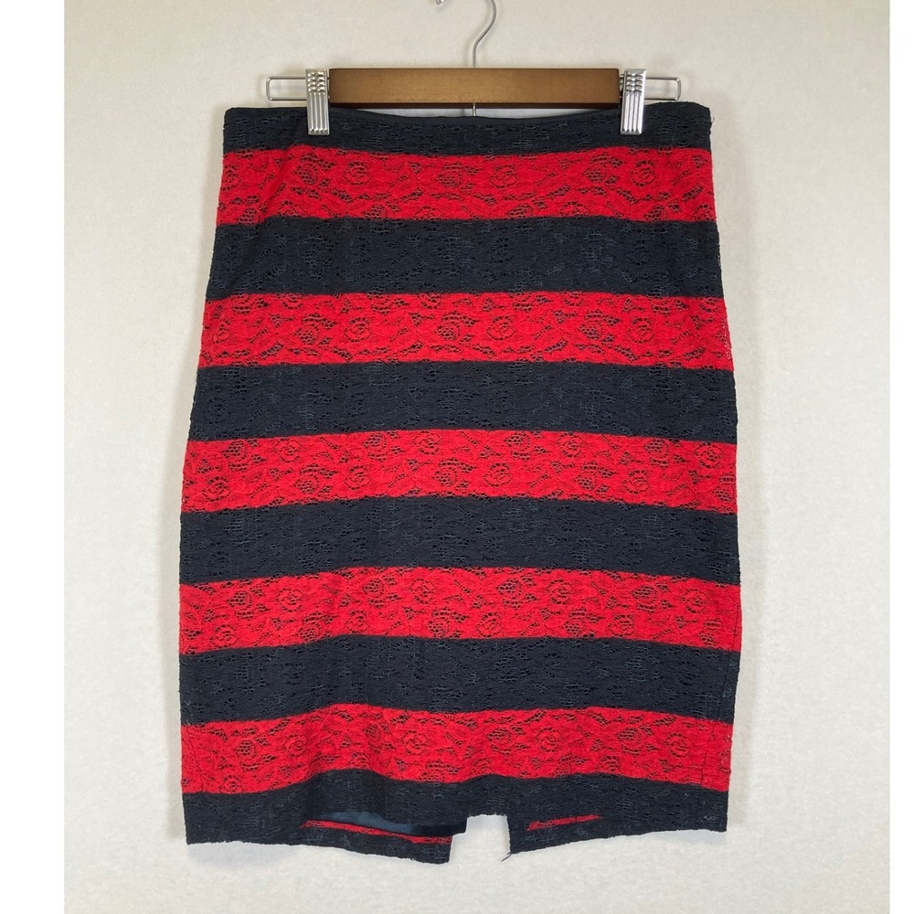 The Limited Lace Pencil Skirt Womens 10 Red Black Striped Floral Overlay Lined